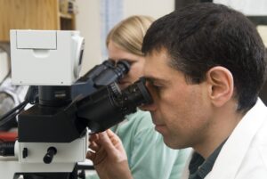 researcher looking into microscope